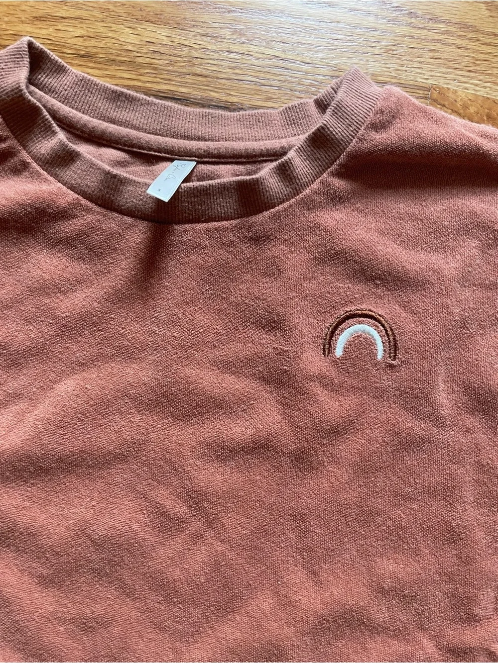 Rylee + Cru Dusty Rose Crewneck Sweater with Small Rainbow Patch